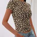 BTFBM Womens Sheer Mesh Summer Tops 2025 Crewneck Short Sleeve Print Ruched Crop Top Slim Fit Club Going Out T Shirts (L)