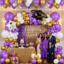 130Pcs Graduation Balloon Arch Kit Purple Gold White Garland Decoration with Graduation Cap Star Foil Balloons for Class of 2026 Party Prom Decorations Supplies