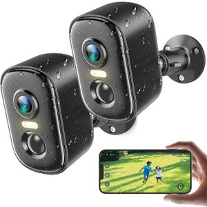 2K Security Cameras Wireless Outdoor, 2 Pack Battery Powered WiFi Cameras for Home Security with AI Motion Detection, Spotlight Color Night Vision, 2-Way Talk, Siren Alarm, IP65, Cloud/SD Storage