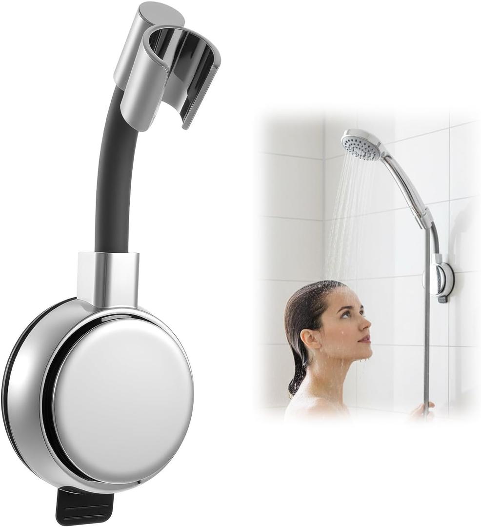 Suction Cup Shower Head Holder, Silver Adjustable Handheld Shower Head Holder with No Drill Installation, Reusable Waterproof Showers Holders for Bathroom Tile Glass Smooth Surfaces