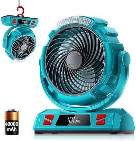 Camping LED Fan with Light, 40000mAh Rechargeable Battery Powered Outdoor Tent Fan with Light and Hook, 6 Speed, Personal USB Desk Fan for Camping, Fishing, Power Outage,Hurricane, Worksite