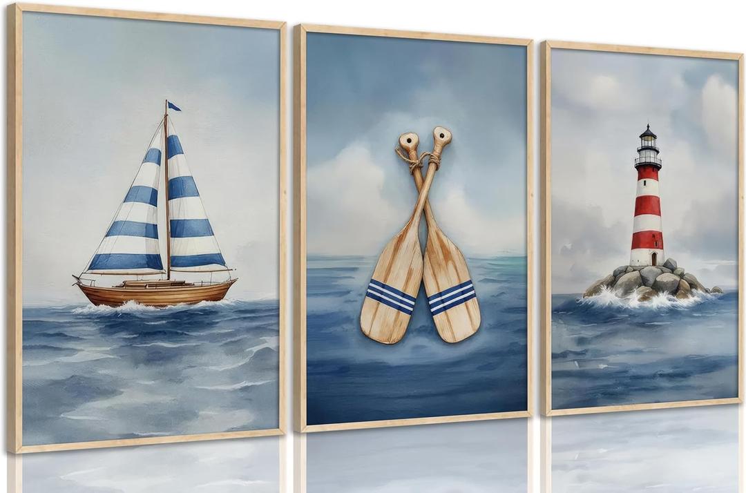 SEINEMBSC Blue Nautical Nursery Wall Art Vintage Sailboat Lighthouse Pictures Wall Decor Boy Coastal Posters Navy Sea Ocean Canvas Print Artwork for Kids Boys Room Playroom Bedroom Decor, Unframed, 24L''X16W''-Unframed