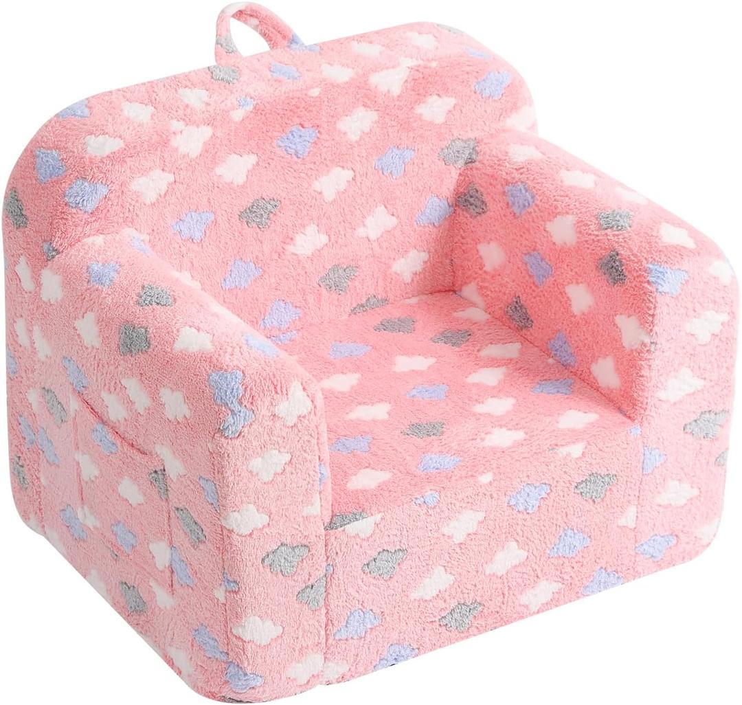 Toddler Chair  Plush Kids Sofa with Carry Handle, Comfy Convertible Lounger for Boys & Girls, Bedroom & Reading Chair (Pink Cloud)