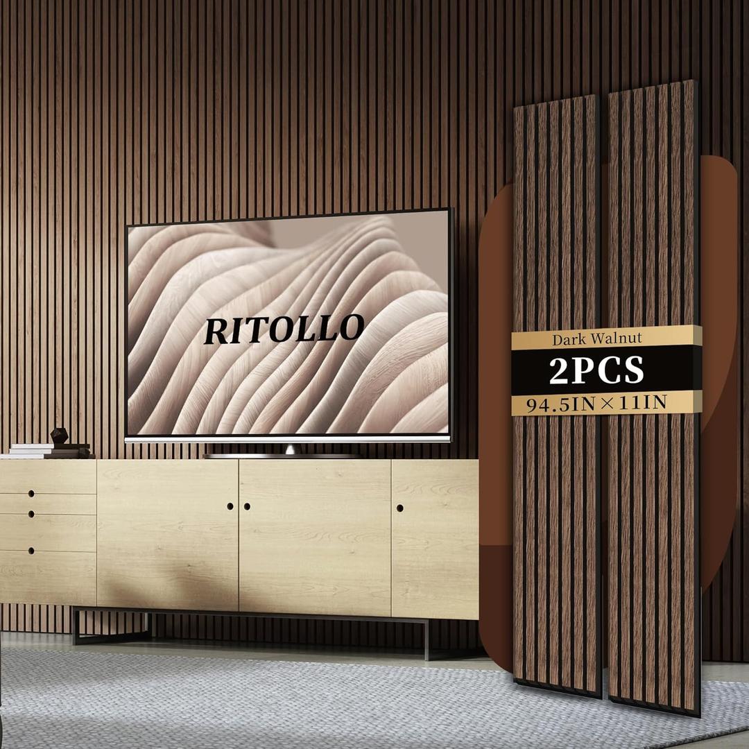 Wood Panels for Wall and Ceiling, 94.5"11" Acoustic Wood Wall Panels for Interior Wall Decor, 3D Wood Slat Wall Panel/Fluted Sound Absorbing Panel - Dark Walnut 2 Pack