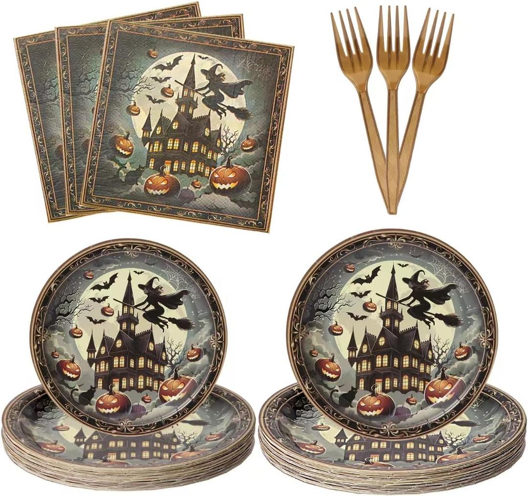 25 Sets Halloween Party Supplies: Disposable Dinner Plates (9in & 7in), Forks, Napkins - Complete Spooky Tableware Set for 25 Guests (Gold)