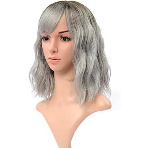 VCKOVCKO Ombre Color Natural Wavy Wig With Air Bangs Black to Gray Colorful Short Bob Wigs for Women's Shoulder Length Wigs Curly Wavy Cosplay Wig Bob Wig for Girls(12",Black-Gray)