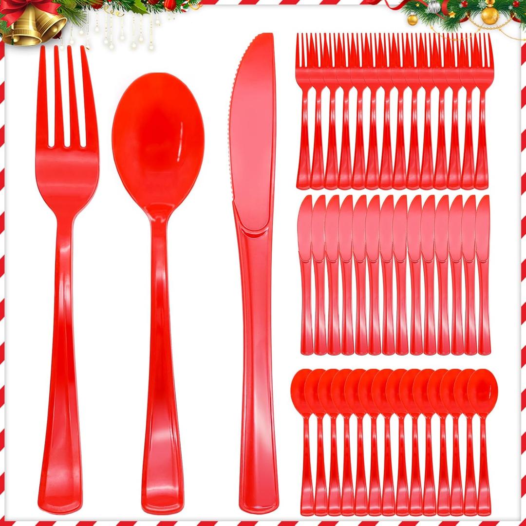 300 Pcs Red Plastic Silverware, Red Plastic Utensils, Disposable Cutlery Heavy Duty, 100 Forks, 100 Spoons, 100 Knives for Birthday, BBQ, Christmas