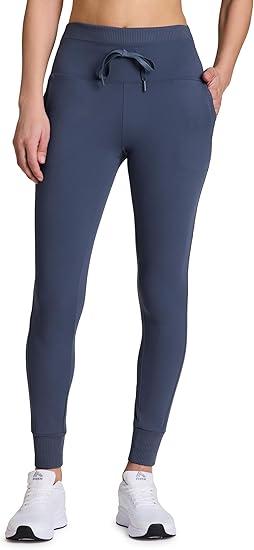 Avalanche Women's Drawstring Waist Legging Ribbed Trim Gym Hiking Legging Fitted Jogger with Pockets Dark Indigo Chunky Rib, Blue Small