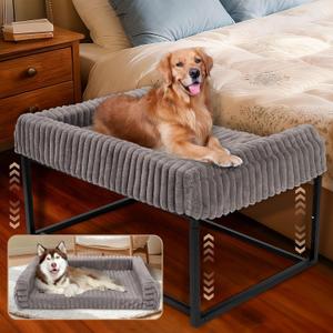 Adjustable Bedside Dog Bed for Dogs, Elevated Dog Co-Sleeper with Metal Frame, Memory Foam Mattress & Washable Corduroy Cover, Pet Bedside Sleeper for Dogs & Cats, Large