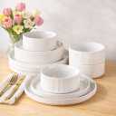 GBHOME Stoneware Dinnerware Sets for 4, 12 Pieces Lightweight Ceramic Ribbed Plates and Bowls Set, Reactive Glaze Stackable Plate Sets, Scratch Resistant Dishes, Microwave & Dishwasher Safe,White