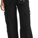 Cargo Pants for Women Low Rise Drawstring Waist 7 Pockets Hiking Work Wide Leg Pants with Zipper Button Closure (Small, Black)