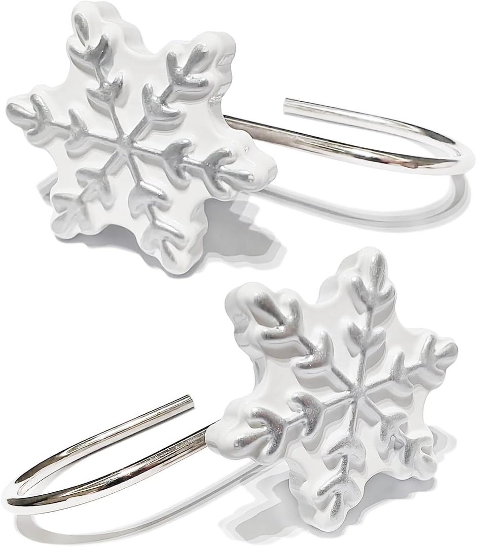 CHICTIE Christmas Shower Curtain Hooks,Snowflakes Decorative Shower Rings for Bathroom Shower Curtains Rods, Set of 12 (Silver Snowflowers)