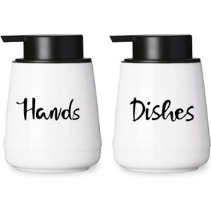 LEETOYI Farmhouse Ceramic Hands and Disher Dispenser Set with Pump 14oz for Bathroom, White