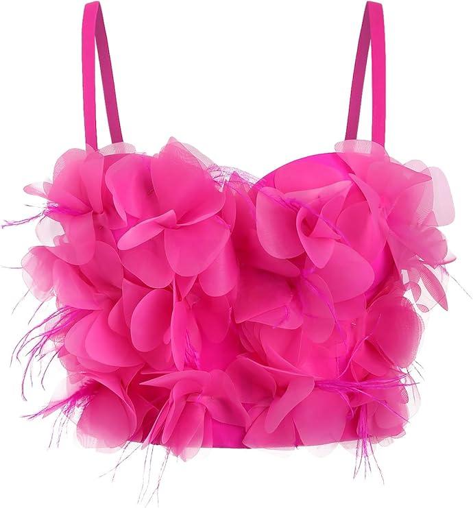 BEAUDRM Women's 3D Floral Spaghetti Strap Party Concert Crop Top Cropped Slim Fit Cami Top Camisole Hot Pink X-Small