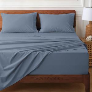 HYPREST 100% Cotton Percale Sheets Queen Size - 18-24 Extra Deep Pocket Bed Sheet Set Queen, Crisp & Breathable Cooling Bedding (Dusty Blue)