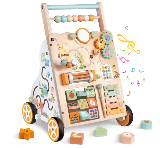 Wooden Baby Walker with Wheels, Push Walker with Baby Activity Center, Montessori Walking Toy for Girls Boys, Ajustable Speed & Height Activity Toy for Toddler Learning to Walk (Natural)