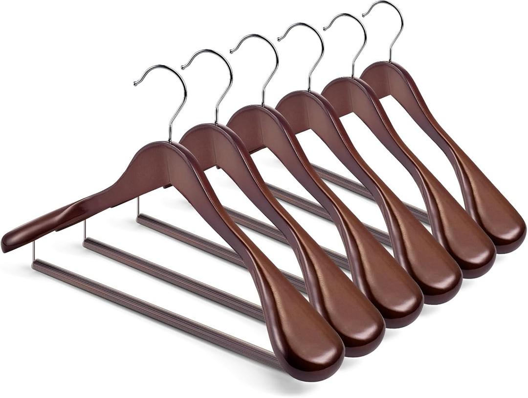 HOUSE DAY Wide Shoulder Wooden Hangers, Wood Suit Hangers with Non Slip Pant Holder, Heavy Duty Coat Hangers for Closet, Wooden Clothes Hangers for Suits, Coats, Jackets, Shirts (6 Pack, Walnut)