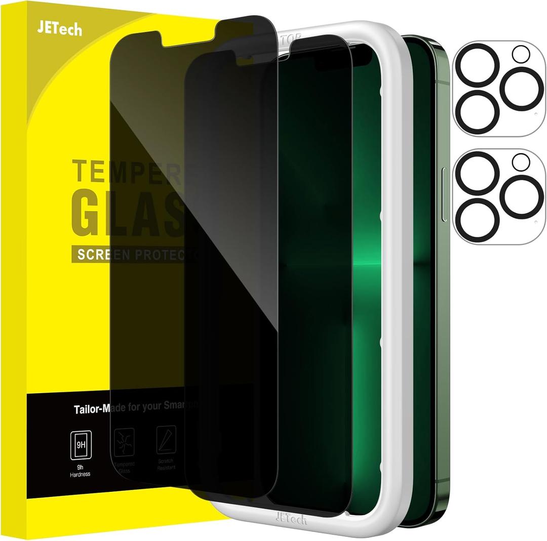 JETech Privacy Screen Protector for iPhone 13 Pro 6.1-Inch with Camera Lens Protector, Anti-Spy Tempered Glass Film, Easy Installation Tool, 2-Pack Each