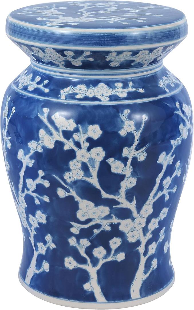 JONATHAN Y TBL1017D Cherry Blossom 17.75" Ceramic Indoor/Outdoor Garden Stool Coastal, Contemporary, Transitional, Patio, Garden Room, Bathroom, Living Room, Blue/White