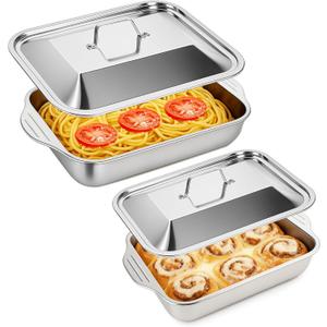 2 PCS Stainless Steel Lasagna Pans with Lid M(16.14x9.5x3.1") 7.8QT & S(14.6x8.7x2.76") 6QT,Nonstick Deep Roasting Dish, Oven & Dishwasher Safe,Perfect for Turkey, Chicken, Vegetables and Baking