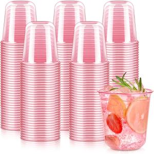 100 Pcs Pink Plastic Cups, 12oz Disposable Stemless Wine Glasses Pink Cocktail Party Cups for Mother's Day, Meeting, Wedding, Birthday Party