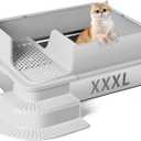 XXXL Stainless Steel Litter Box, 28"x20"x12" Extra Large Semi Enclosed High Sided Metal Cat Litter Box with Filtered Grid, Step, Scoop, Non-Sticky, Non-Odor, Easy Cleaning (Light Gray)