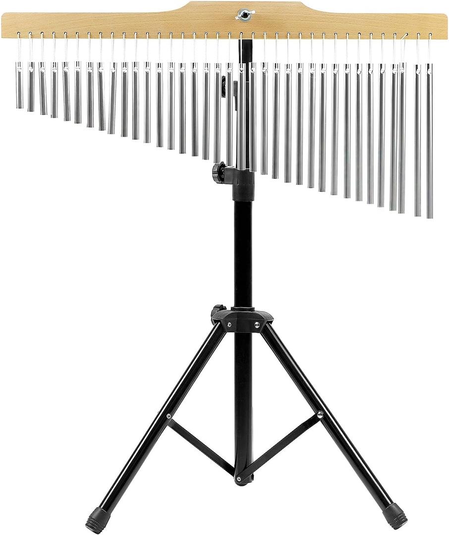 QWORK 36 Tones Musical Chimes Instruments with 2.3-4.2 ft Adjustable Mounting Stand  Crisp Sound Chrome Bells, Collapsible Tripod Base