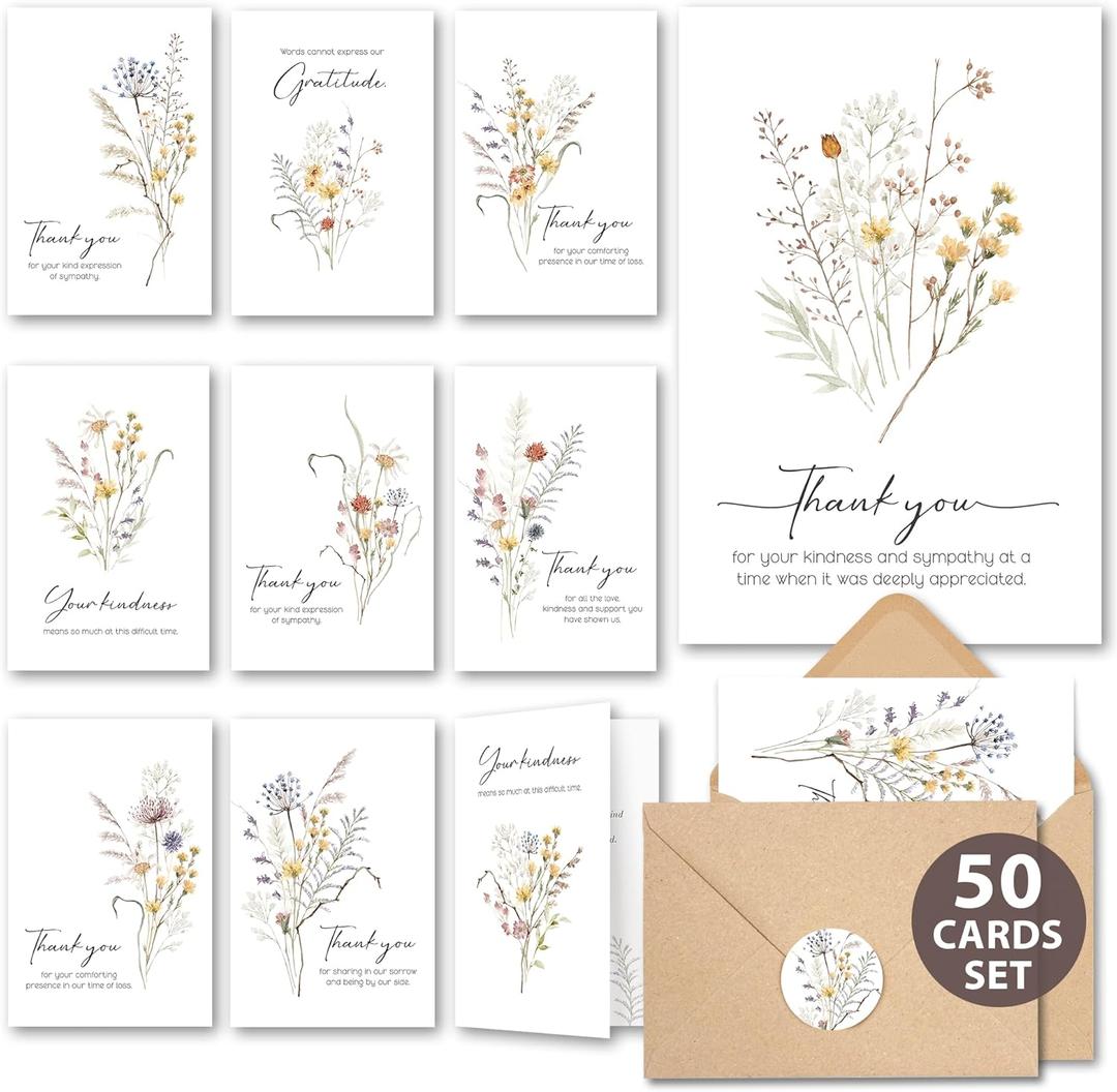 50 Pcs Funeral Thank You Cards with Envelopes Message Inside and Matching Stickers - Bulk 46 Watercolor Boho Wildflower Bereavement Thank You Cards for Funeral - Sympathy Thank You with Message Card