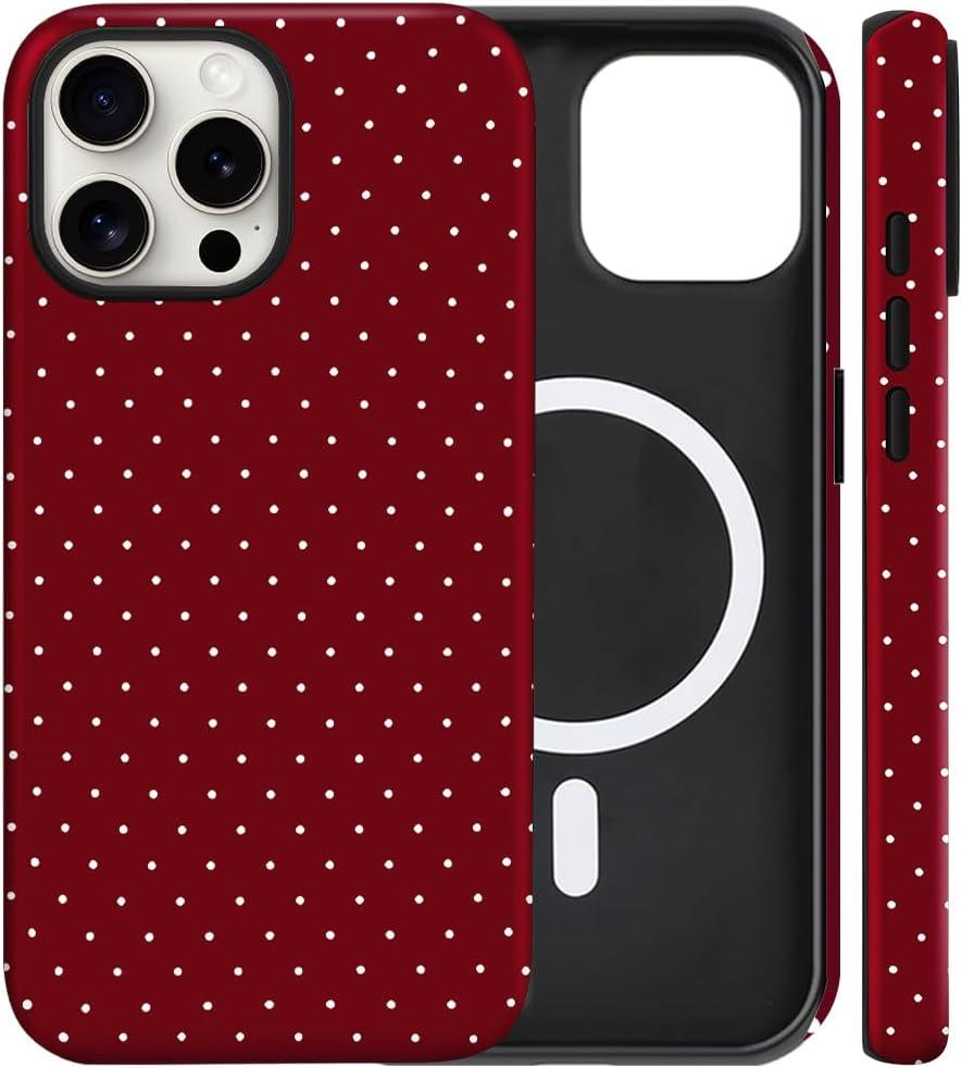 Magnetic for iPhone 14 Pro Case Cute Polka Dot Phone Case, Shockproof Slim TPU and Hard PC Protective Phone Cover Compatible with MagSafe Designed for Women Girls, Red