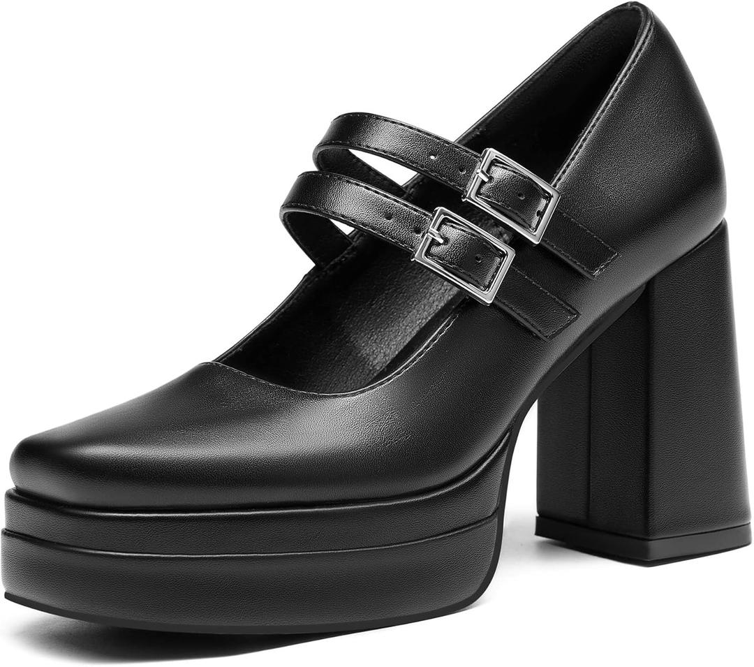 Coutgo Women's Platform Mary Jane Pumps Two Strap Square Toe Chunky Block Heel Sandals Party Shoes (6 1/2, Black)