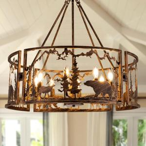TOCHIC 33" D Rustic Chandeliers for Dining Room, Farmhouse Chandelier with Forest Bear Elk Western Drum Chandelier Light Fixture for Living Room, Bedroom, Foyer, Bronze, 8 Lights