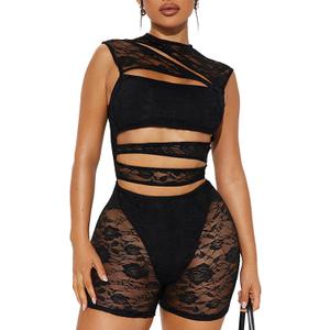 Lace Rompers for Women Sleeveless Short Jumpsuits Hollow Out Mesh See Through Bodysuit Halloween Costumes 2025 (Large, Black)