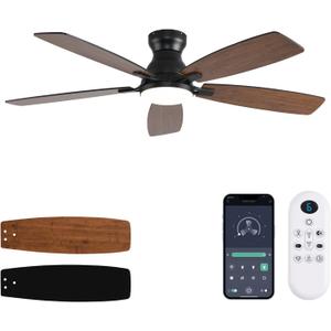 Ceiling Fans with Lights, 52 Inch Low Profile Ceiling Fan with Light and Remote Control, Flush Mount, DC Reversible Motor, Noiseless, Brown 6 Speeds Ceiling Fan for Bedroom