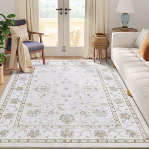 Smiry Floral Area Rug, 5x7 Vintage Print Pattern, Machine Washable Non-Slip Floor Carpet, Low Pile Throw Rugs for Living Room, Bedroom, Dining Room, Laundry Indoor Home Decor, Beige