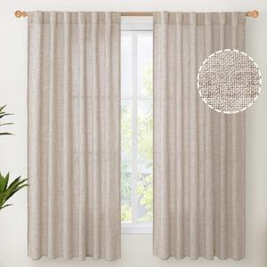 YoungsTex Beige Linen Semi Sheer Curtains 63 Inch Length for Living Room, Light Filtering Window Drapes with Rod Pocket Back Tab Natural Textured for Country Bedroom, 2 Panels, 52 X 63 Inch