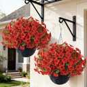VIERENA 2 Sets Artificial Morning Glory and Eucalyptus Hanging Basket for Outdoor, UV-Resistant Fake Flower Hanging Basket, Suitable for Porch, Aisle, Garden, Patio, Eaves Decor (Red)