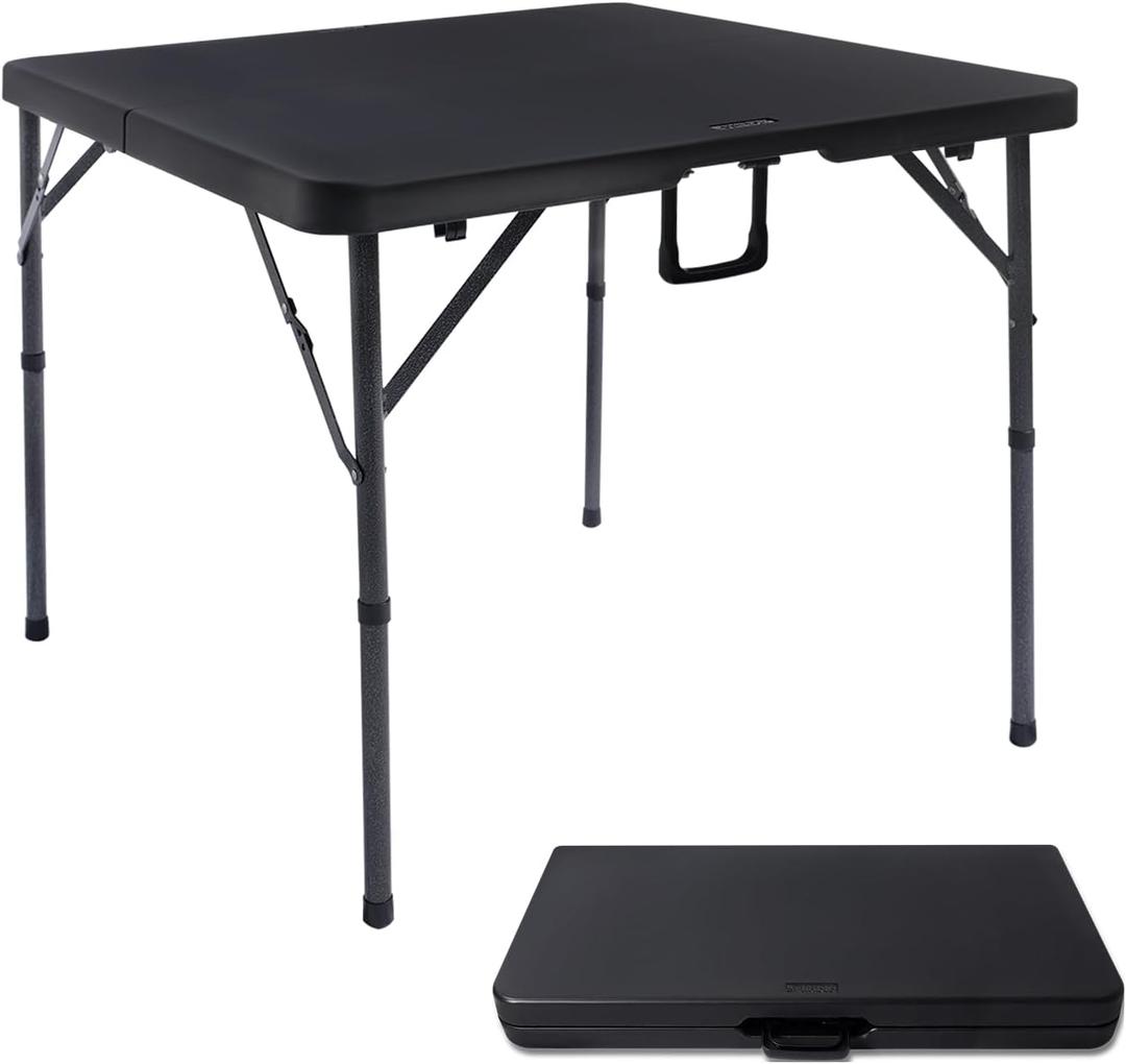 34" Square Folding Card Table, Fold-in-Half Utility Dining Portable Table Heavy Duty HDPE Plastic Foldable with Carrying Handle Indoor Outdoor for Picnic, Camping, Party, Black 34" Square Folding Card Table, Fold-in-Half Utility Dining Portable Table Heavy Duty HDPE Plastic Foldable with Carrying Handle Indoor Outdoor for Picnic, Camping, Party, Black