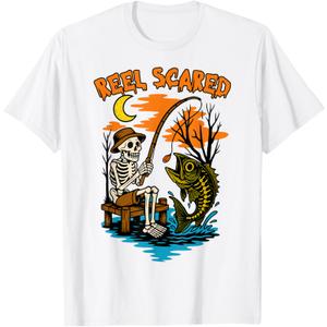 Vintage Reel Halloween Scared Fishing Skeleton Fisherman T-Shirt L