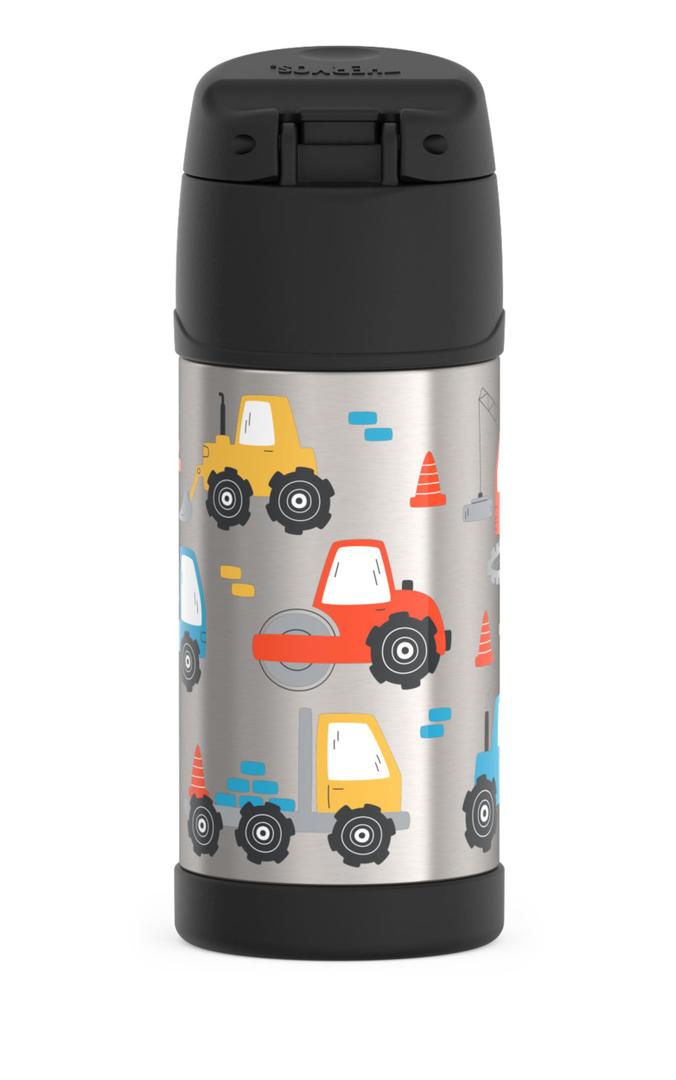 THERMOS FUNTAINER Water Bottle with Straw - 12 Ounce, Construction Site - Kids Stainless Steel Vacuum Insulated Water Bottle with Lid