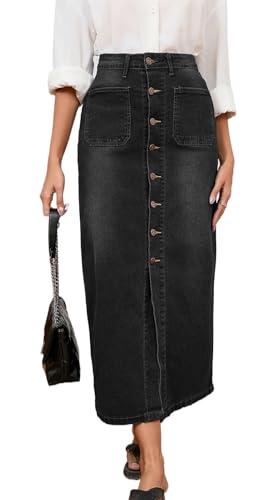 Midi Jean Skirts for Women Button Front High Waisted Stretch Long Denim Skirt with Slit Pockets Black L