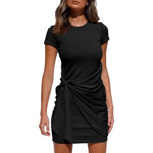 BTFBM Women 2026 Summer Casual Short Sleeve Ruched Bodycon Tank T Shirt Dress Tie Waist Sun Beach Spring Mini Dresses(Short Sleeve Black, Large)