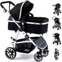 Baby Stroller, 2-in-1 Reversible Toddler Seat with Bassinet Mode, Foldable Infant Stroller with Canopy, One Button Brake, Adjustable Handle, Newborn Pushchair(Black)