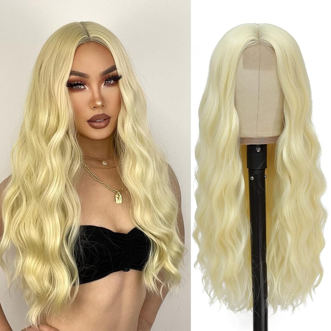 Blonde Wig - Long Blonde Wavy Wigs for Women Middle Part 613 Wigs 26 inch Natural Curly Synthetic Wig Heat Resistant Fiber Wigs for Daily Party Use