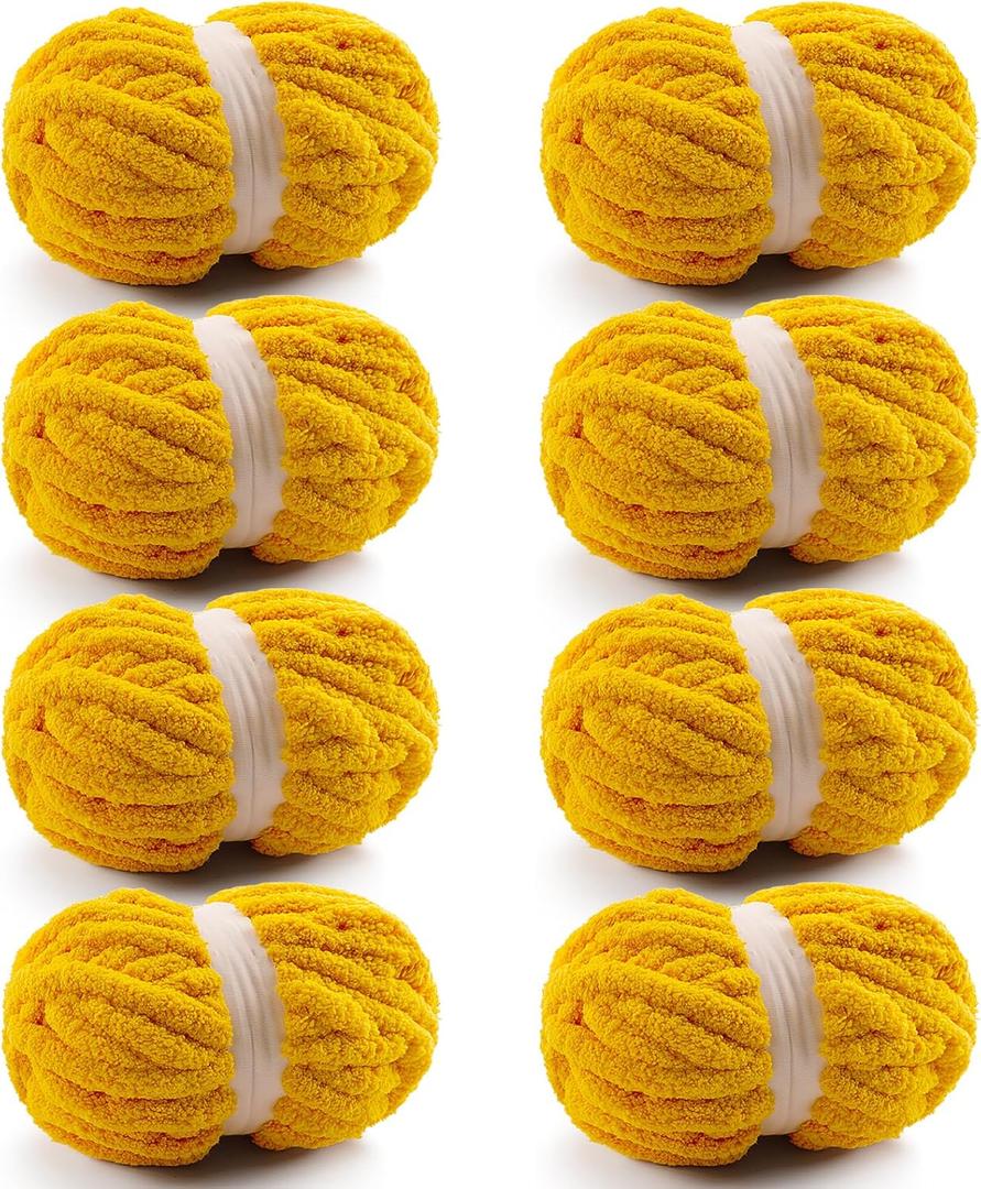 8 Pcs Chunky Yarn for Hand Knitting - Chunky Chenille Yarn for Crocheting - Fluffy Yarn for Crochet - Jumbo Yarn for Hand Knitting 25 yds 7.7 oz of Super Bulky Yarn (Golden Yellow)