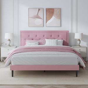 Queen Size Platform Bed Frame with Upholstered Velvet Headboard, Button Tufted & Rivet Design, Mattress Foundation with Wooden Slat Support, No Box Spring Needed, Noise Free, Easy Assembly