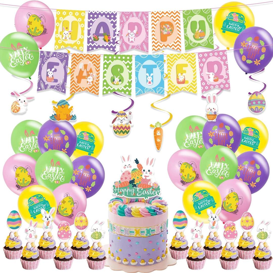 Happy Easter Balloons Banner Set,Balloons Garland Cupcake Toppers Kit Easters Bunny Eggs Decorations Supplies Included Strip Tape and Points Stickers (Happy Easter)