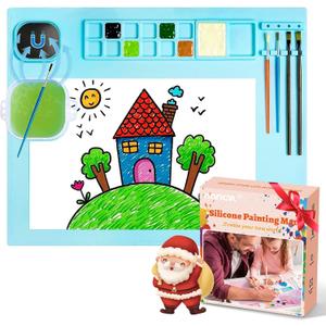 Silicone Art Mat with Cup, Painting Mat for Crafts Resin Casting, Artist Mat with Pen Holders for Kids Gift, Clay, DIY Creations and Play Doh, Christmas Gift for Kids (Blue)