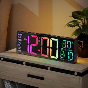 JALL 10.5'' Digital Large Alarm Clock with 8-in-1 RGB Colors, Date, Month, Temperature LED, Auto DST, Modern for Desk, Wall, Living Room, Bedroom, Birthday Xmas Gift (Black, 10.5 inches)