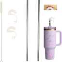 Anti Wrinkle Silicone Tipped Straw Set (Stainless Steel), Drinking Straw for Stanley 40 oz 30 oz Tumbler, Reusable Wrinkle Free Long Metal Straw for Lip with Cleaning Brush