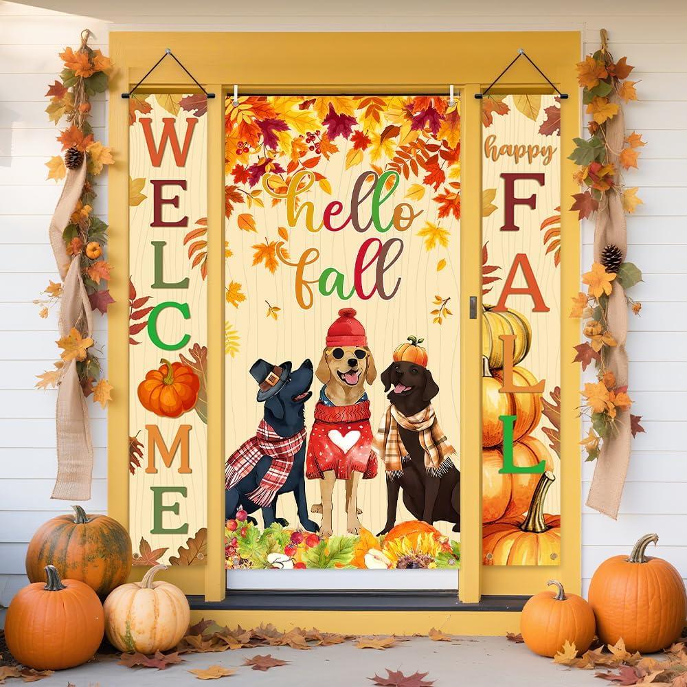 3pcs Welcome & Hello Fall Banners for Front Door Harvest Decoration Hello Fall Door Banner Decoration Fall Dog Door Cover Pumpkin Front Door Sign Hanging Home Farmhouse Yard Harvest Party Decorations